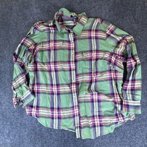 Chaps Denim Shirt Womens 3X Green Plaid Twill Cotton Casual Pockets Button Up
